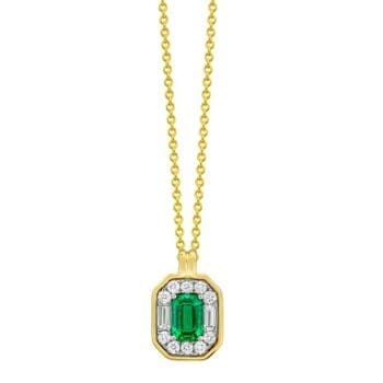 Emerald and Diamond Halo Necklace. Emerald cut Emerald in the center with a halo of round diamonds with one baguette diamond on the long sides all framed in yellow gold in an octagon shape. Chain included